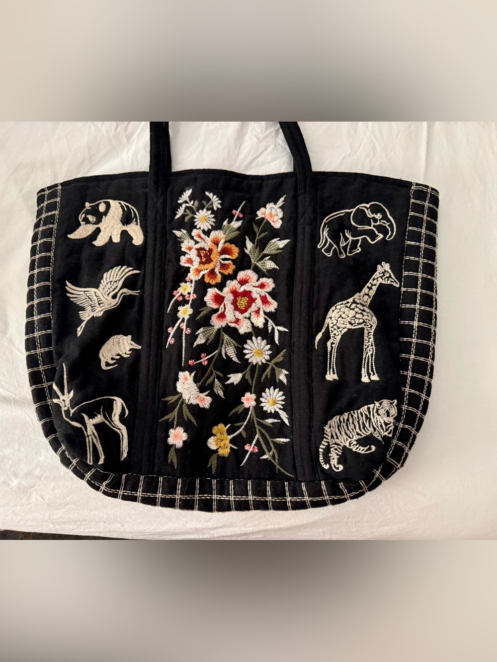 JOHNNY WAS Embroidered Black Floral & Animal Tote Bag